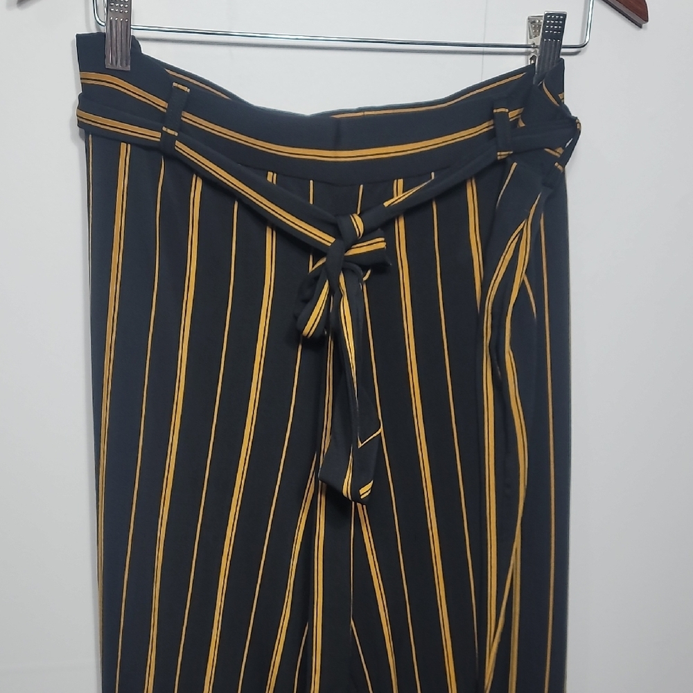 Susan Graver Wide Leg Liquid Black Pants with Gold Stripes